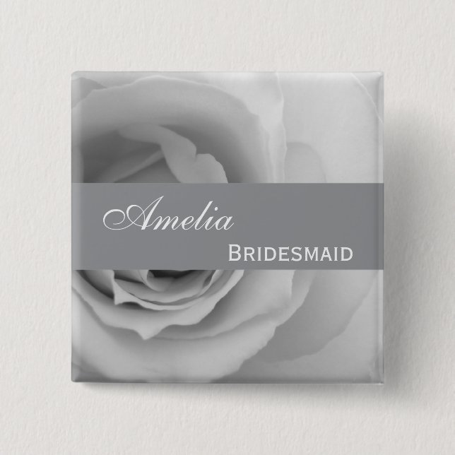 Dreamy Silver White Rose Custom Name Bridesmaid V0 Button (Front)