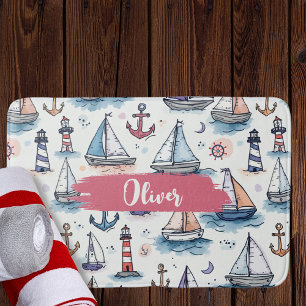Dreamy Sketches of Sailboats Anchors & Lighthouses Bath Mat