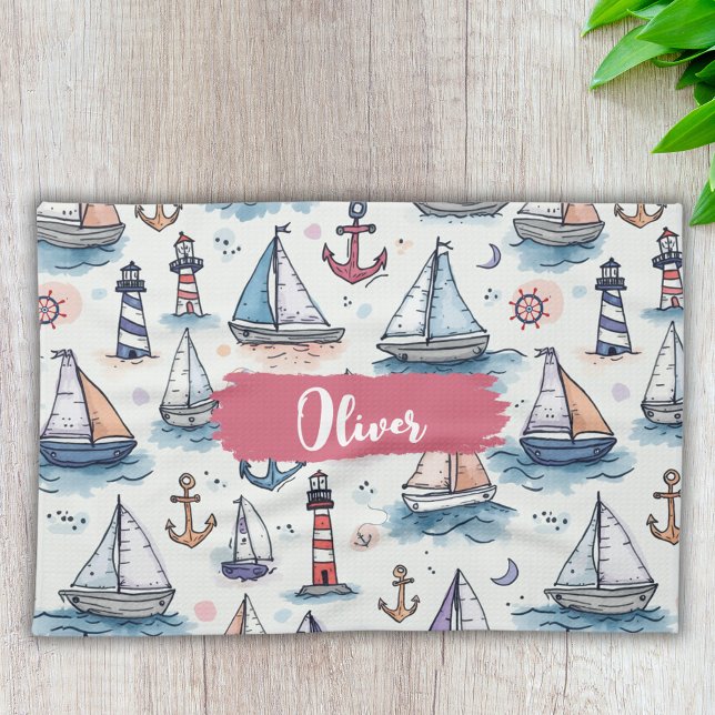Dreamy Sketches of Sailboats Anchors & Lighthouses Kitchen Towel (Creator Uploaded)