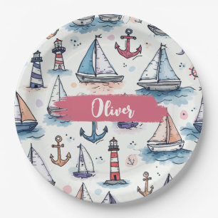 Dreamy Sketches of Sailboats Anchors & Lighthouses Paper Plates