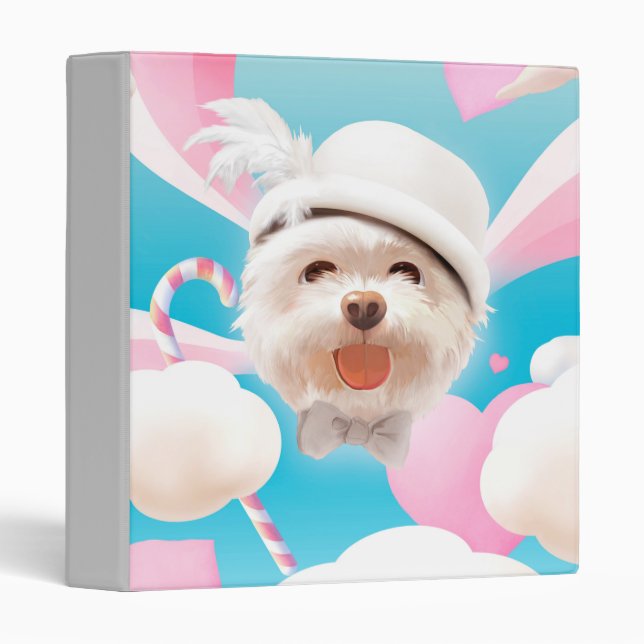 Dreamy Sky Puppy: Smiling Bichon with Hat & Clouds 3 Ring Binder (Front/Spine)