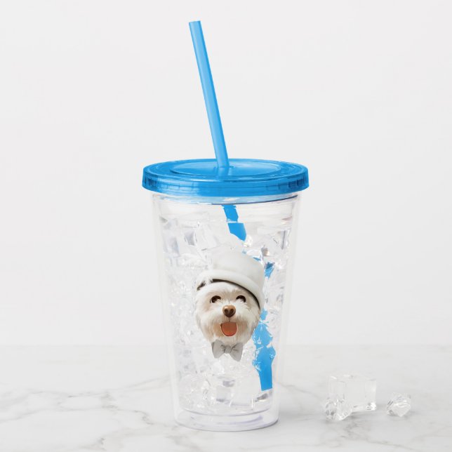 Dreamy Sky Puppy: Smiling Bichon with Hat & Clouds Acrylic Tumbler (Front Ice)