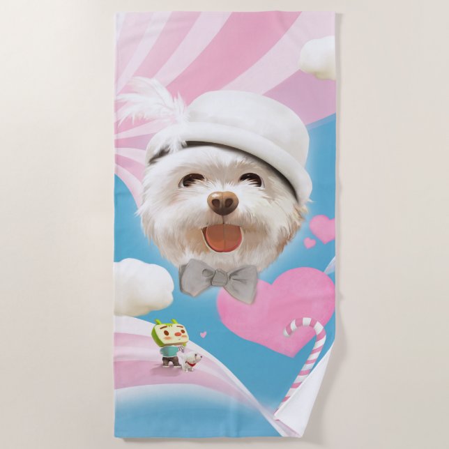 Dreamy Sky Puppy: Smiling Bichon with Hat & Clouds Beach Towel (Front)