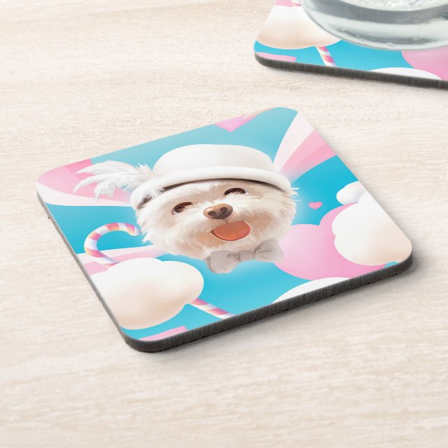 Dreamy Sky Puppy: Smiling Bichon with Hat & Clouds Beverage Coaster (Left Side)