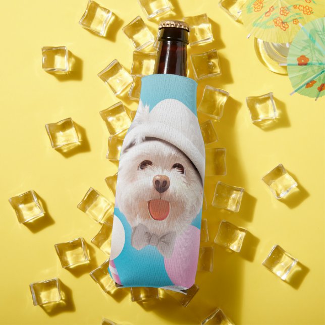 Dreamy Sky Puppy: Smiling Bichon with Hat & Clouds Bottle Cooler (In Situ Summer)