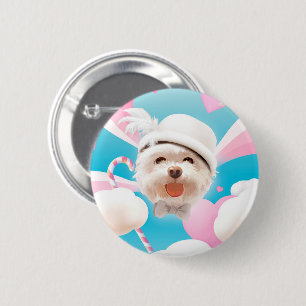 Dreamy Sky Puppy: Smiling Bichon with Hat & Clouds Button