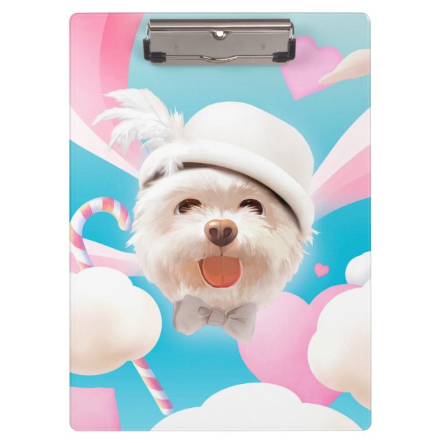 Dreamy Sky Puppy: Smiling Bichon with Hat & Clouds Clipboard (Front)