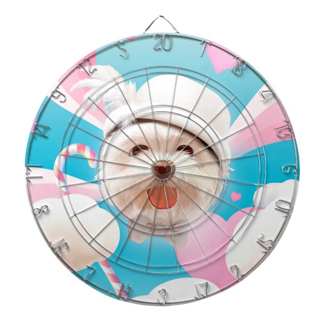Dreamy Sky Puppy: Smiling Bichon with Hat & Clouds Dart Board (Front)