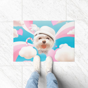 Dreamy Sky Puppy: Smiling Bichon with Hat & Clouds Doormat