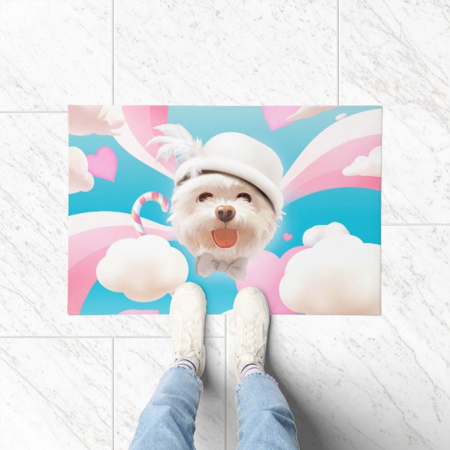 Dreamy Sky Puppy: Smiling Bichon with Hat & Clouds Doormat (Indoor)