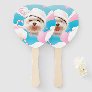 Dreamy Sky Puppy: Smiling Bichon with Hat & Clouds Hand Fan