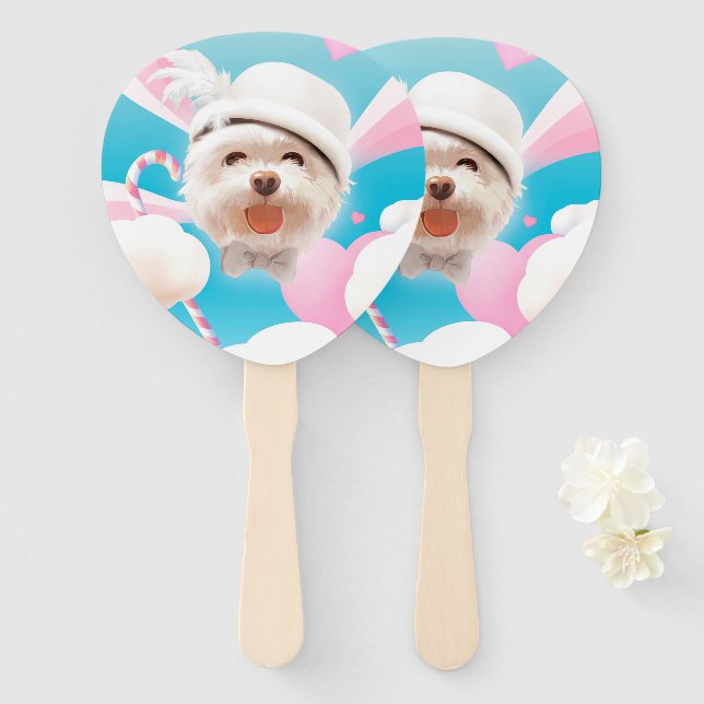 Dreamy Sky Puppy: Smiling Bichon with Hat & Clouds Hand Fan (Front and Back)