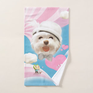 Dreamy Sky Puppy: Smiling Bichon with Hat & Clouds Hand Towel