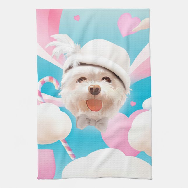 Dreamy Sky Puppy: Smiling Bichon with Hat & Clouds Kitchen Towel (Vertical)