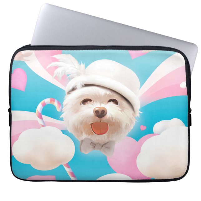 Dreamy Sky Puppy: Smiling Bichon with Hat & Clouds Laptop Sleeve (Front)