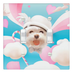 Dreamy Sky Puppy: Smiling Bichon with Hat & Clouds Light Switch Cover