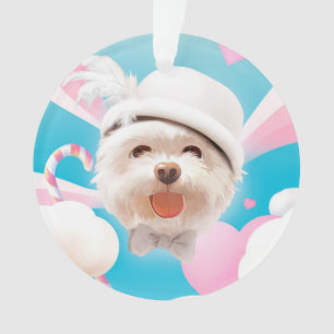 Dreamy Sky Puppy: Smiling Bichon with Hat & Clouds Ornament