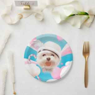 Dreamy Sky Puppy: Smiling Bichon with Hat & Clouds Paper Plates