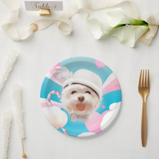 Dreamy Sky Puppy: Smiling Bichon with Hat & Clouds Paper Plates (Wedding)