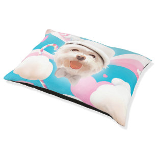 Dreamy Sky Puppy: Smiling Bichon with Hat & Clouds Pet Bed