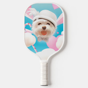Dreamy Sky Puppy: Smiling Bichon with Hat & Clouds Pickleball Paddle