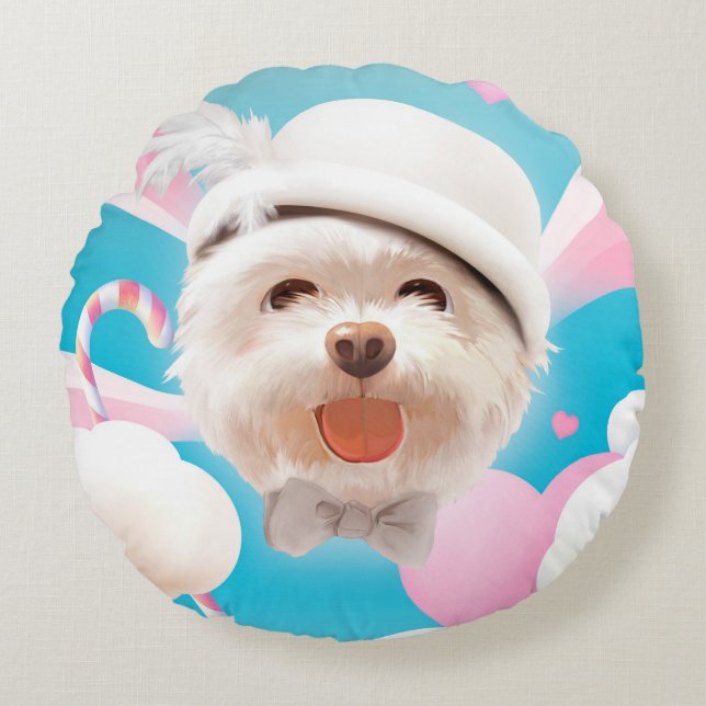Dreamy Sky Puppy: Smiling Bichon with Hat & Clouds Round Pillow (Front)