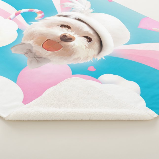 Dreamy Sky Puppy: Smiling Bichon with Hat & Clouds Sherpa Blanket (3/4)