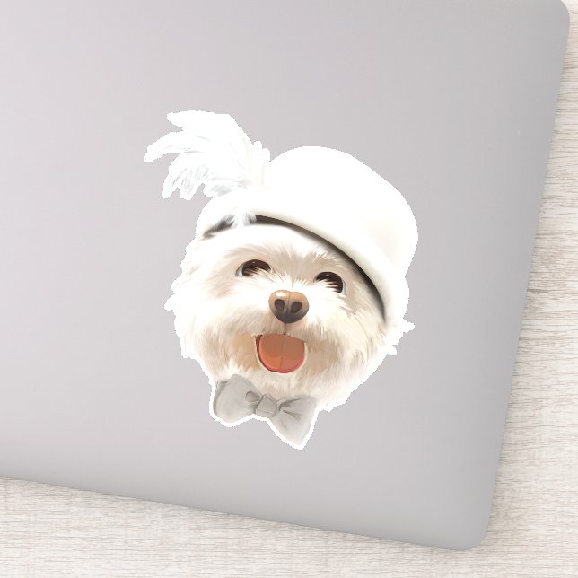 Dreamy Sky Puppy: Smiling Bichon with Hat & Clouds Sticker (Detail)