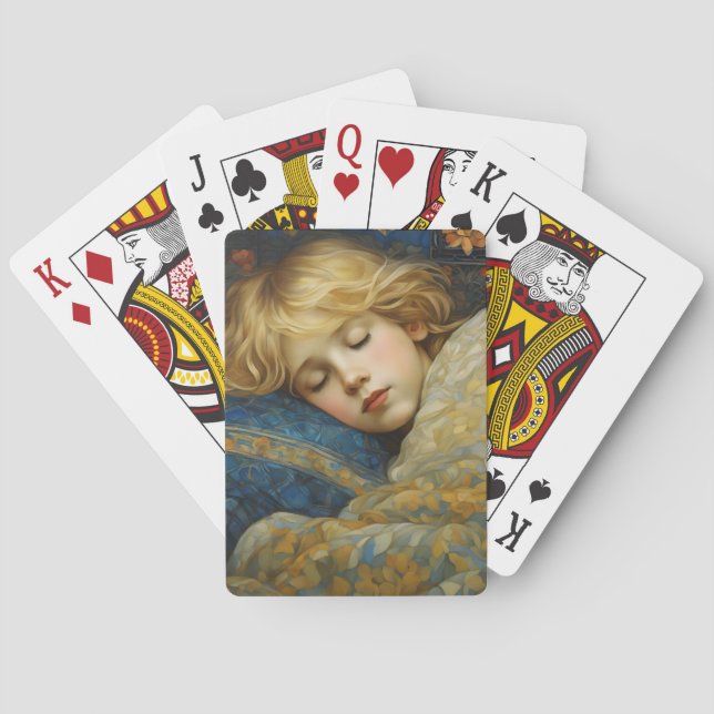 Dreamy Sleeping Child in Floral Quilt Poker Cards (Back)