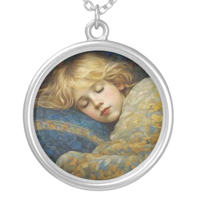 Dreamy Sleeping Child in Floral Quilt Silver Plated Necklace (Front)