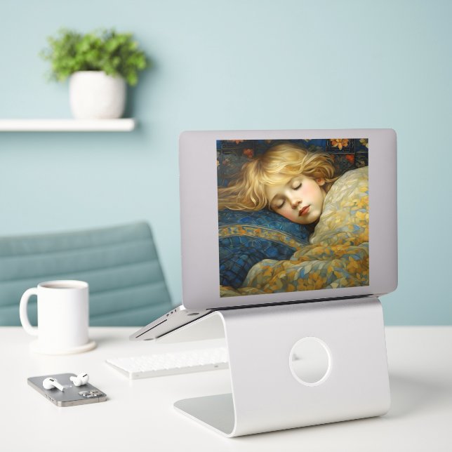 Dreamy Sleeping Child in Floral Quilt Sticker (Laptop On Desk)