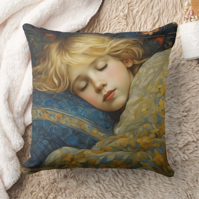 Dreamy Sleeping Child in Floral Quilt Throw Pillow (Blanket)