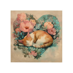 Dreamy Sleeping Ginger Cat Floral Watercolor Wood Wall Art