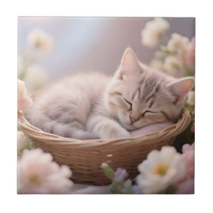 Dreamy Sleeping Kitten Floral Basket Ceramic Tile