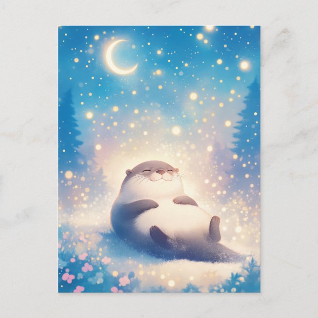 Dreamy Sleeping Otter Moonlit Night Sky Postcard (Front)
