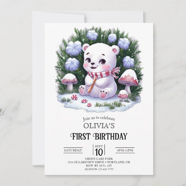 Dreamy Snowflake Polar Bear 1st Birthday Digital  Invitation (Front)