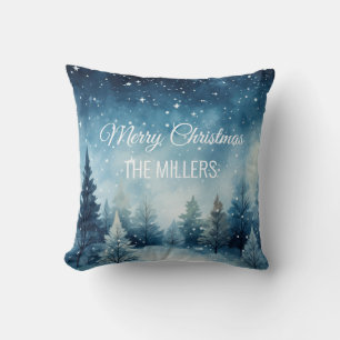Dreamy snowy watercolor winter landscape throw pillow