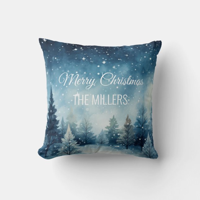 Dreamy snowy watercolor winter landscape throw pillow (Front)