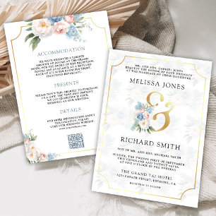 Dreamy Soft Blue Pink Floral All in One Wedding Invitation