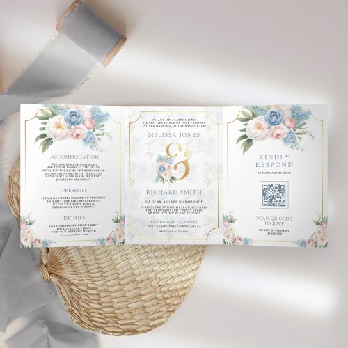 Dreamy Soft Blue Pink Floral All in One Wedding Tri_Fold Invitation