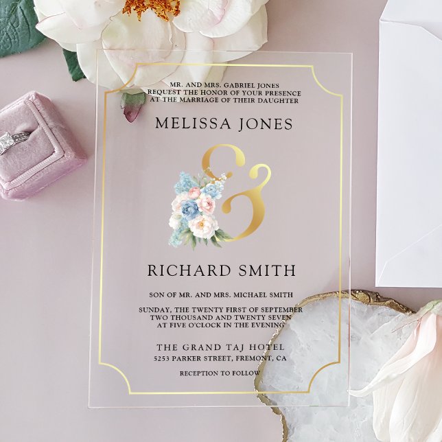 Dreamy Soft Blue Pink Floral Wedding Acrylic Invitations (Creator Uploaded)