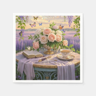 Dreamy, soft-focus scene of a lavish, Floral Napkins