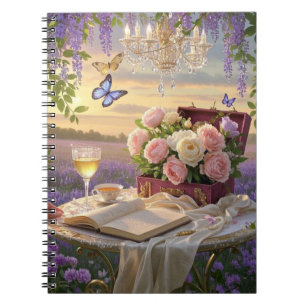 Dreamy, soft-focus scene of a lavish, Floral Notebook