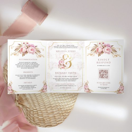 Dreamy Soft Pink Floral Gold All in One Wedding Tri_Fold Invitation