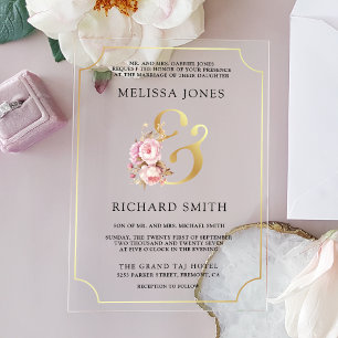 Dreamy Soft Pink Floral Gold Wedding Acrylic Invitations