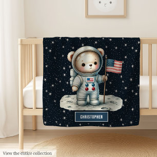 Dreamy Space Bear Personalized Baby Boy Name Blanket