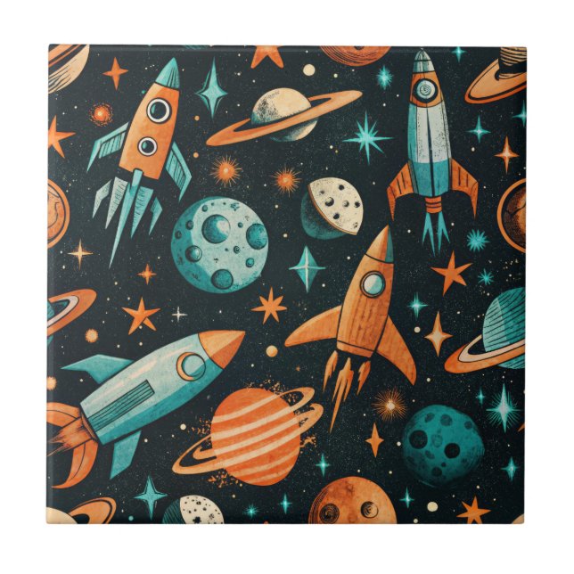 Dreamy Spacecore Planets Teal Orange Cosmic Ceramic Tile (Front)