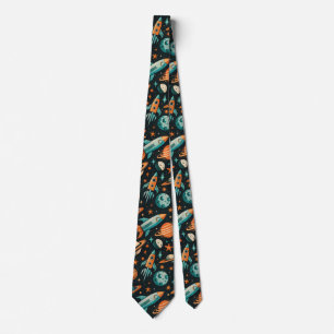 Dreamy Spacecore Planets Teal Orange Cosmic Neck Tie