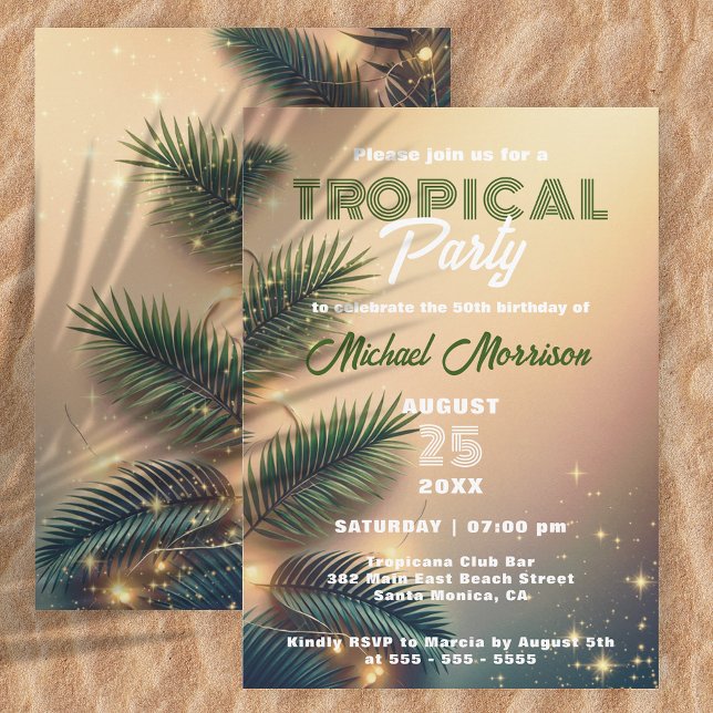 Dreamy Sparkly Palm Leaves Tropical Birthday Party Invitation (Creator Uploaded)