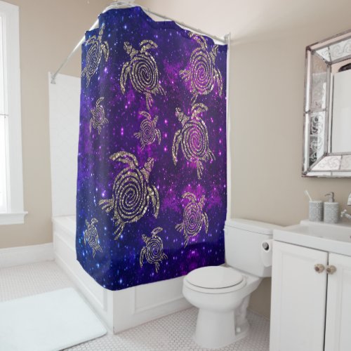 Dreamy Spiral Gold Shimmery Sea Turtle Shower Curtain